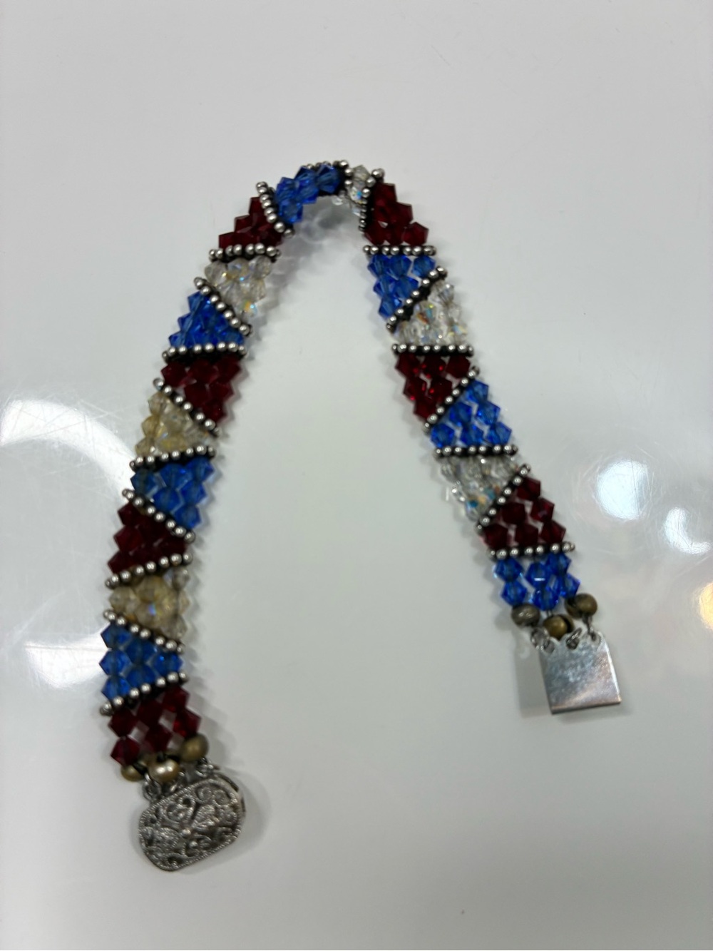 Patriotic Multi-Color Austrian Crystal Bracelet w/Filigree Accent Clasp